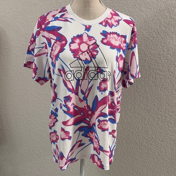 Adidas Bloom Allover Print Women's Short Sleeve Floral Tee - Pink and Blue Large - Picture 1 of 7